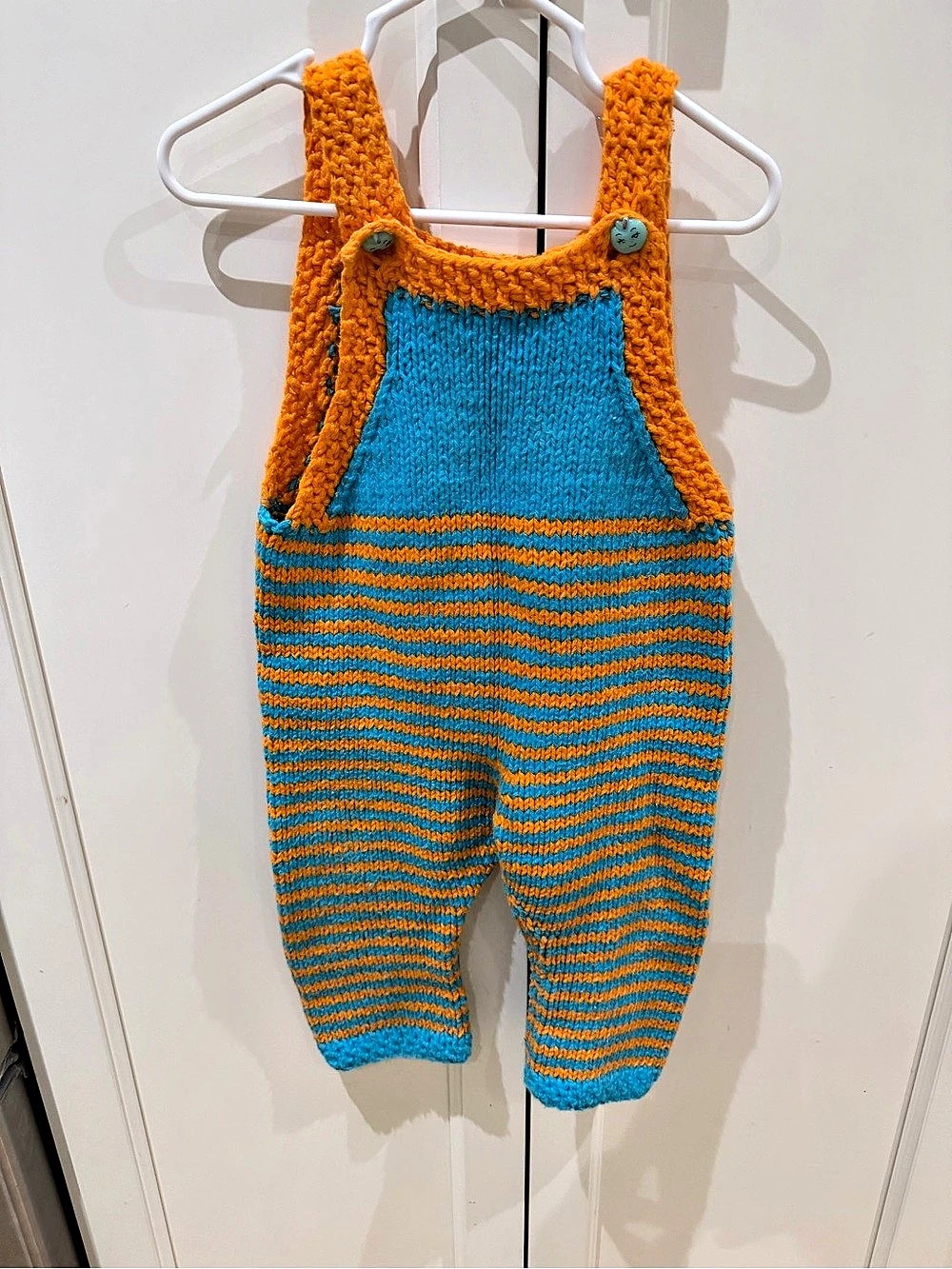 Hand crafted 6-12m Kids Striped Knit Romper in Orange & Blue